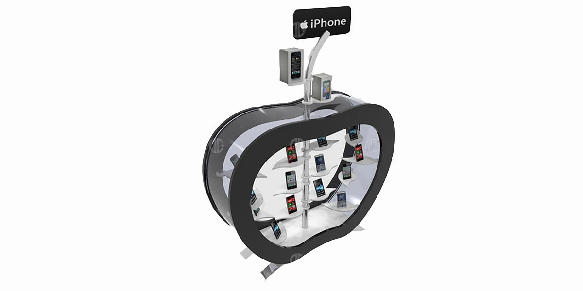 Retail display stand for phone accessories with branded header and product presentation shelves