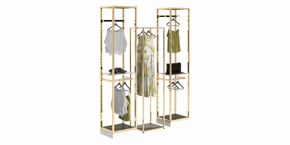 Modular garment rail frames with hanging bars and shelves for clothing store fixtures