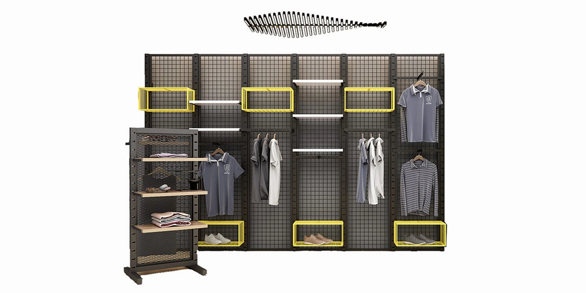 Modular wall-mounted shop fitting system with slotted uprights, display trays, timber shelves and hanging rails